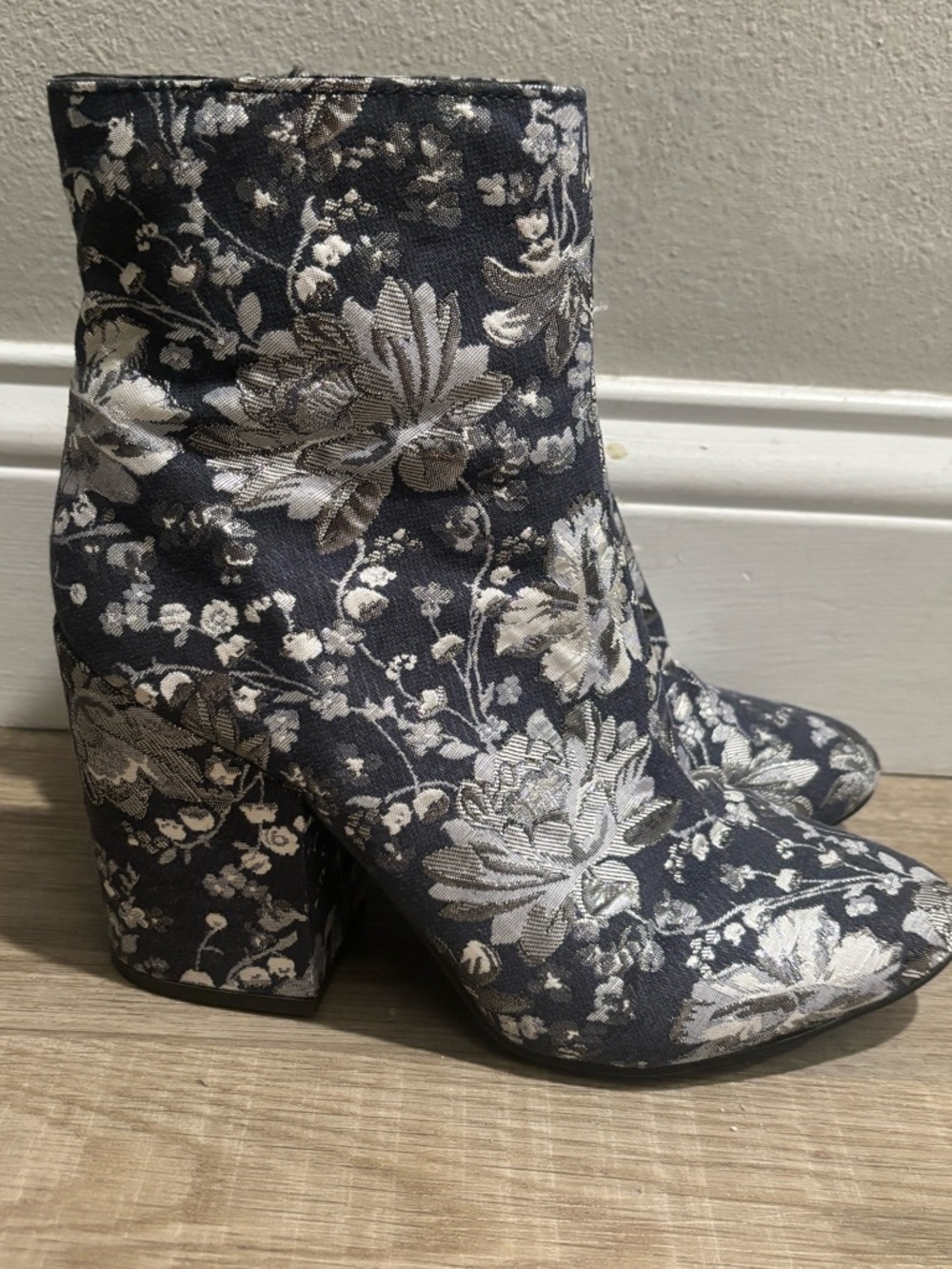 Floral Jacquard Block Heel Ankle Boots in Black and Cream